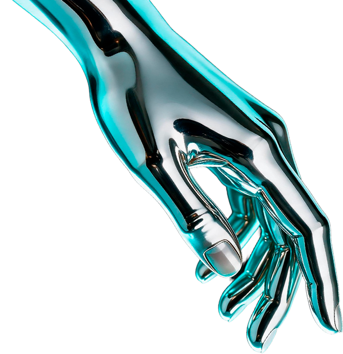 Mão robótica cromada em tons de turquesa, dedos flexionados em gesto de alcançar, remetendo à inteligência artificial