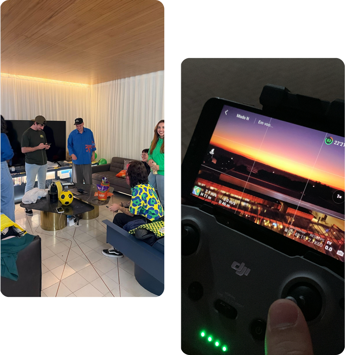 Bastidores da produção in-house da Global.Makers: equipe reunida em sala de estar durante cobertura de evento à esquerda, e controle DJI com visor exibindo captação aérea por drone ao pôr do sol à direita