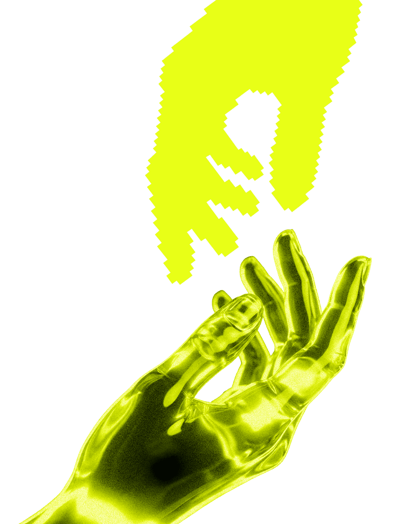Hero da Global.Makers: mão metálica futurista em amarelo-lima alcançando forma pixelada abstrata, representando criação e tecnologia