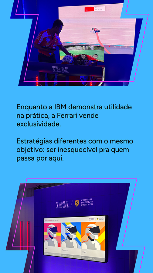 Ativação IBM e Ferrari no SXSW 2026 com simulador de corrida e telas interativas com avatares