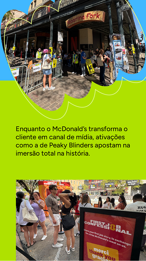 Ativação de rua do McDonald's no SXSW 2026 com público em fila em frente ao Roaring Fork em Austin