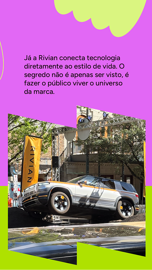 Ativação da Rivian no SXSW 2026 com veículo elétrico exposto em estrutura ao ar livre em Austin