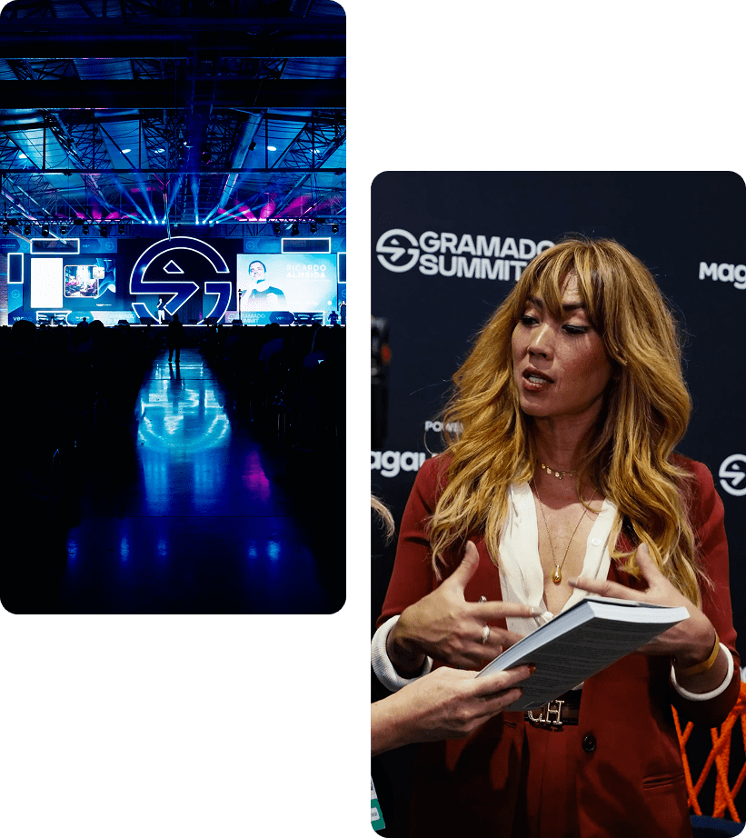Bastidores da cobertura ao vivo no Gramado Summit: palco iluminado e apresentadora em entrevista durante o evento