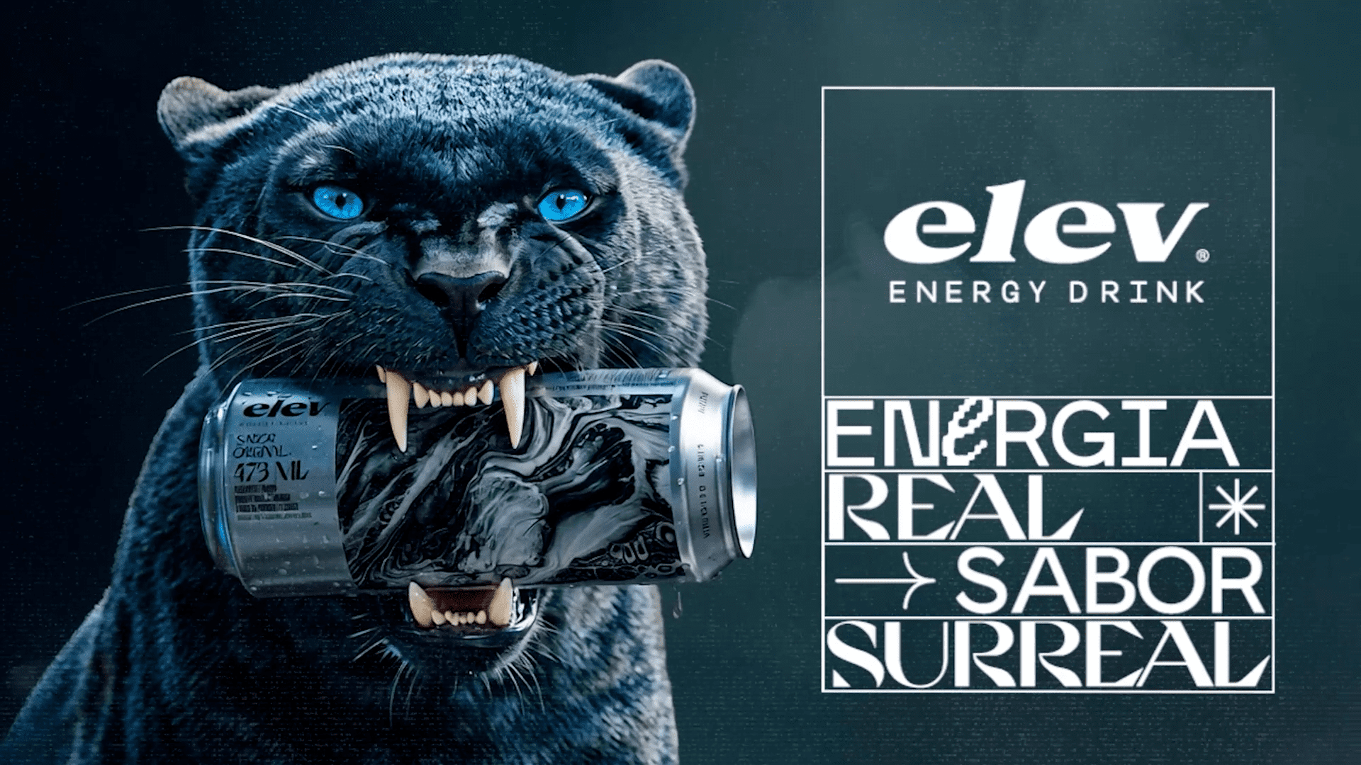 Case Elev Energy Drink: onça de olhos azuis segurando lata do produto na boca, criação sintética por IA da Global.Studio