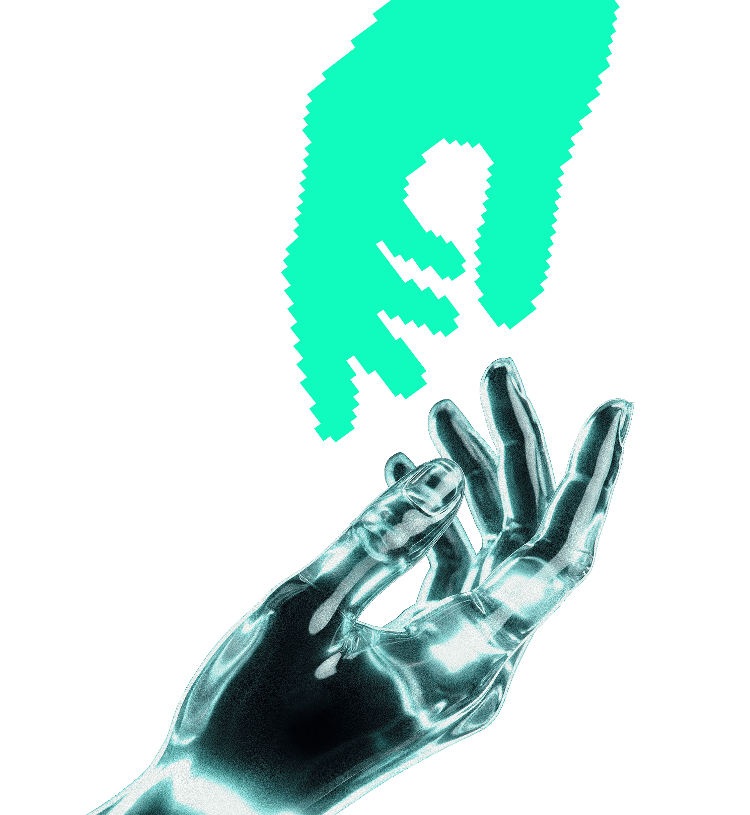 Hero da Global.Studio: mão metálica futurista alcançando forma abstrata verde, representando criação e tecnologia
