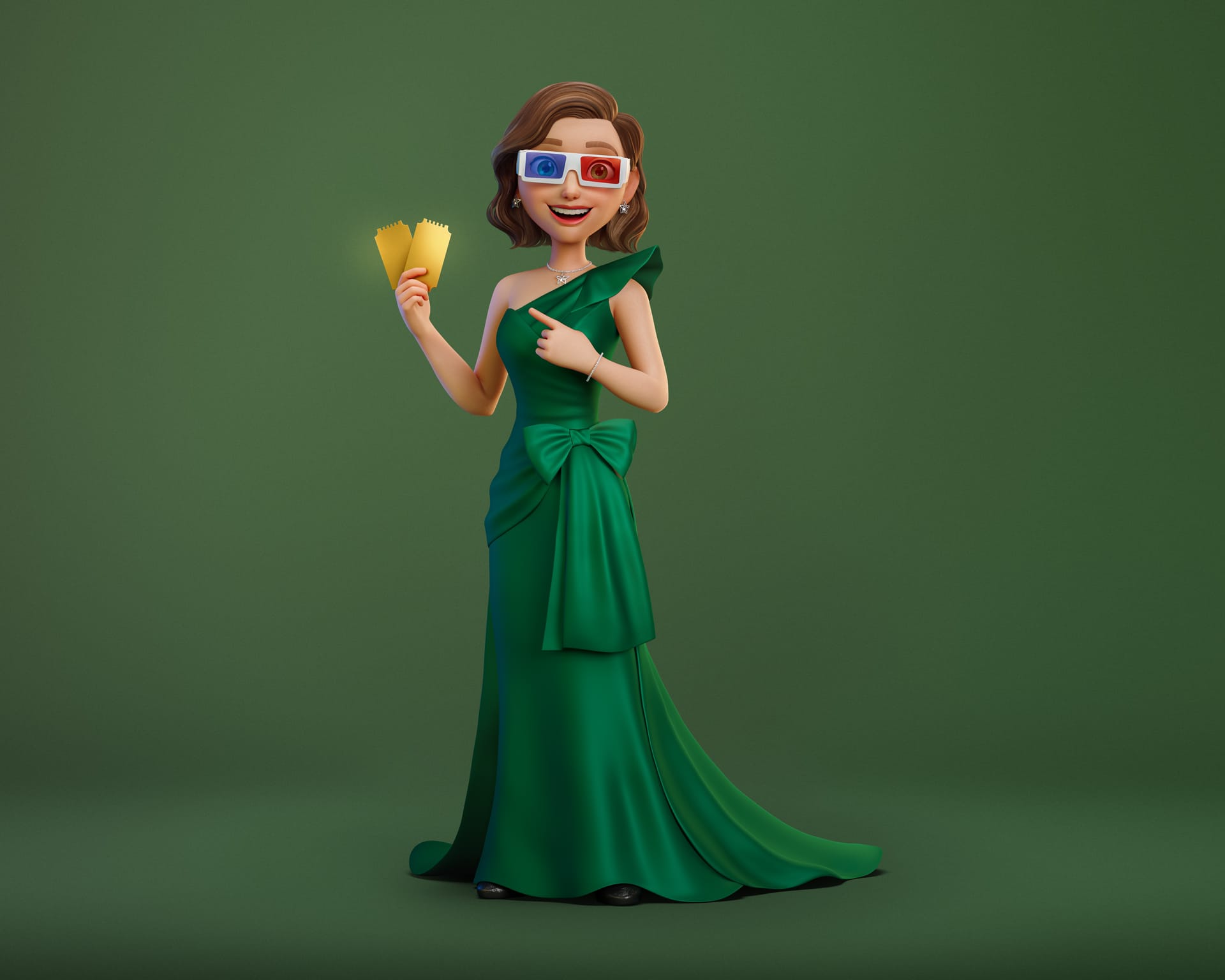 Mascote 3D GNC Star, personagem feminina de vestido verde, usando óculos 3D vermelho e azul e segurando dois ingressos de cinema dourados