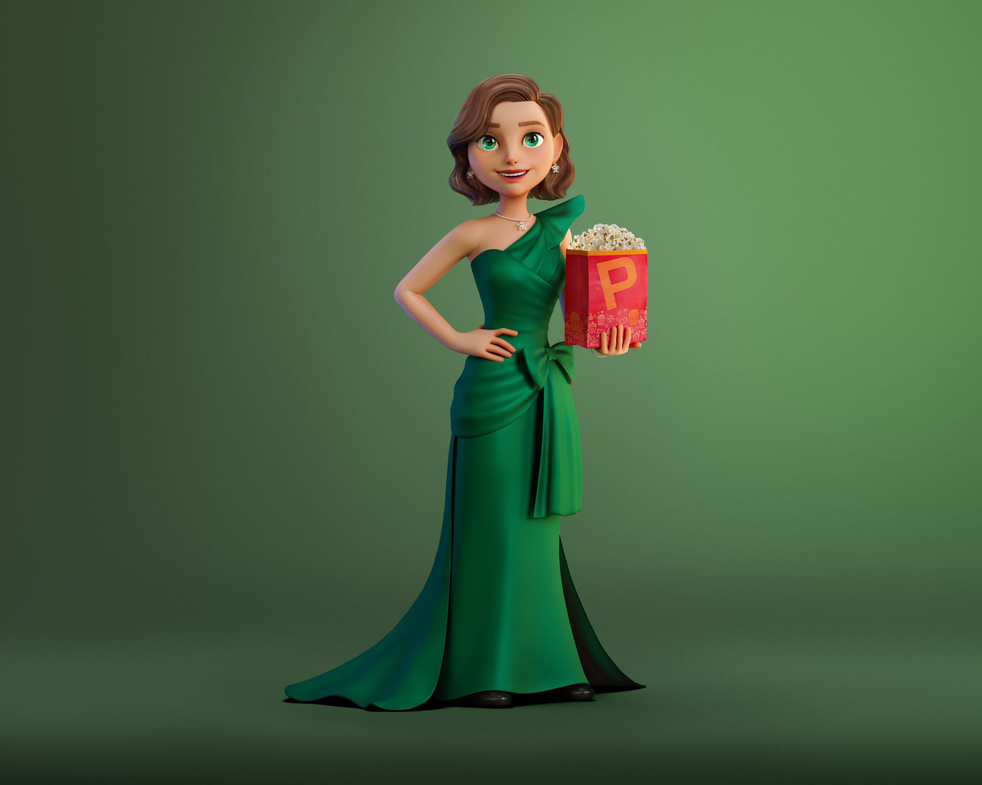 Mascote 3D GNC Star em pose com a mão na cintura, segurando um balde de pipoca vermelho com a letra "P"