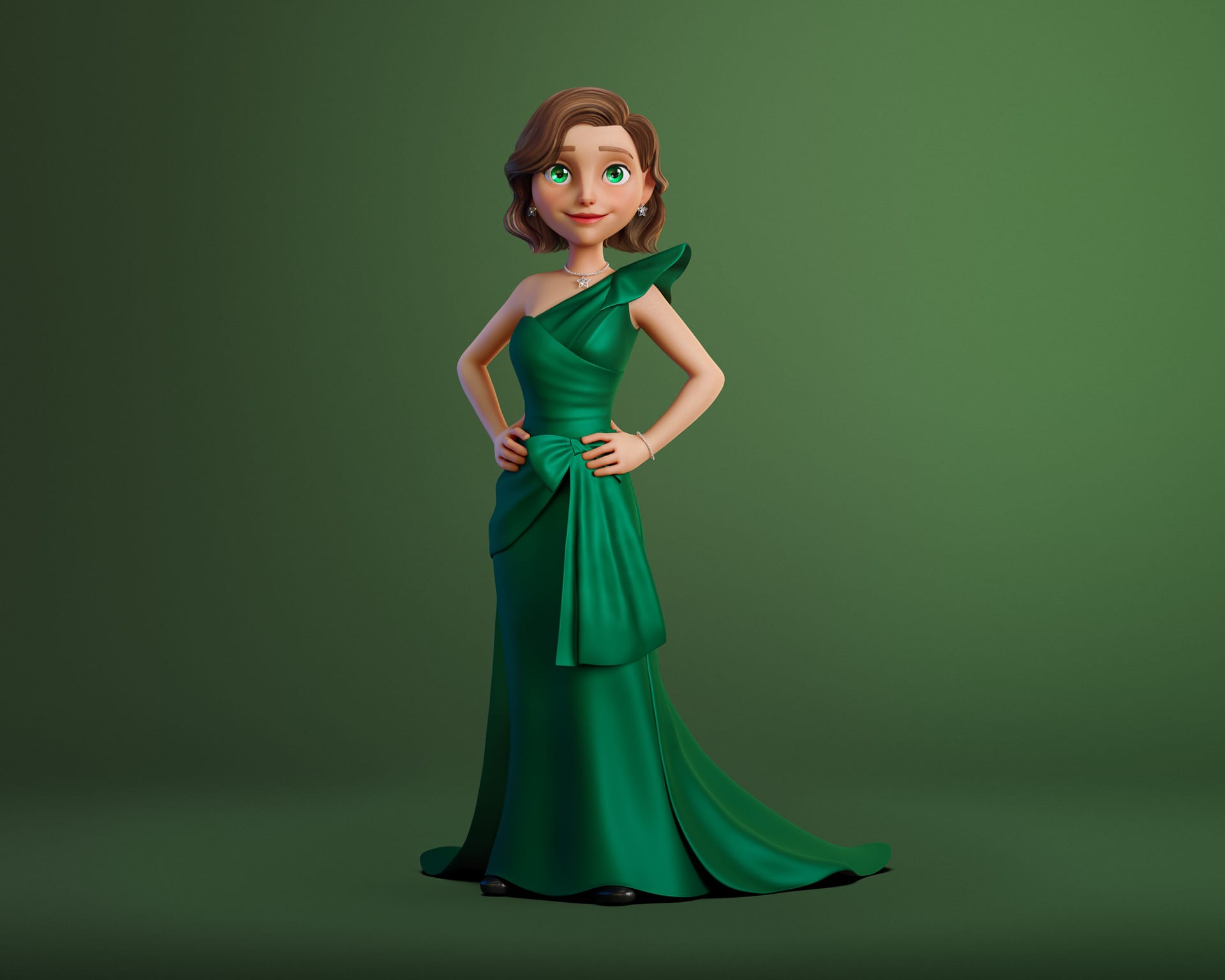 Mascote 3D GNC Star em pose base, de frente, com as duas mãos na cintura, sobre fundo verde liso