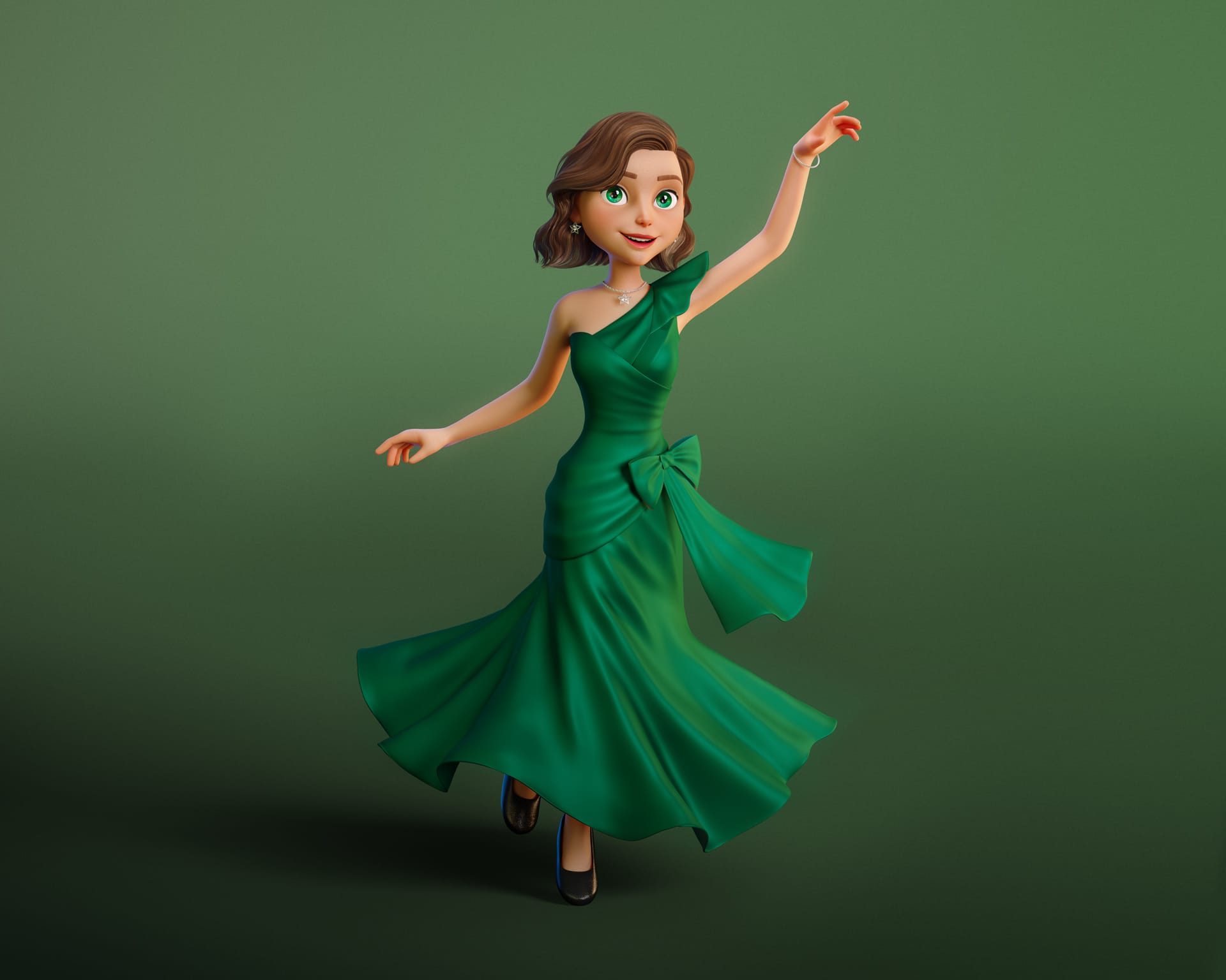 Mascote 3D GNC Star em pose dançante e alegre, com um braço erguido e o vestido em movimento, sugerindo celebração