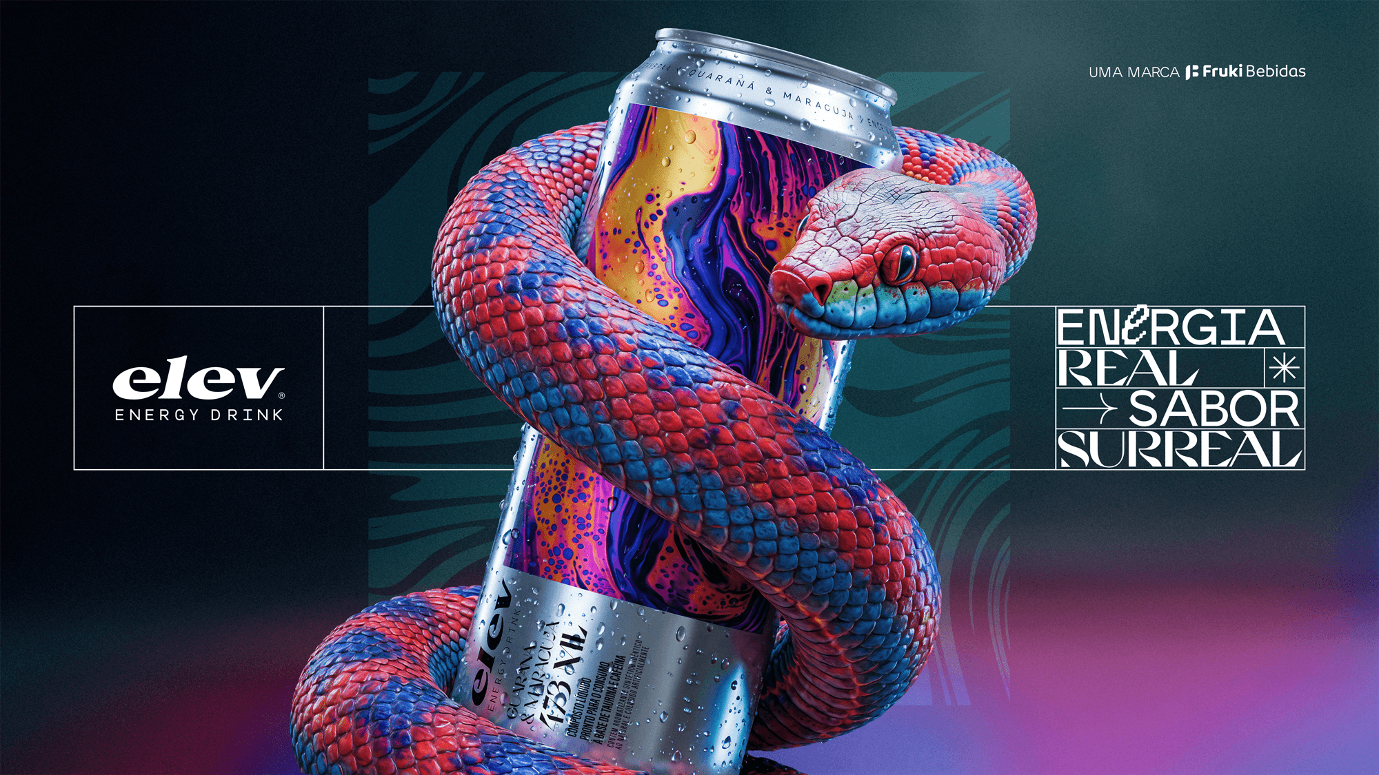 Anúncio Elev Energy Drink sabor Guaraná & Maracujá: cobra vermelha e azul enrolada em torno da lata do produto sobre fundo escuro