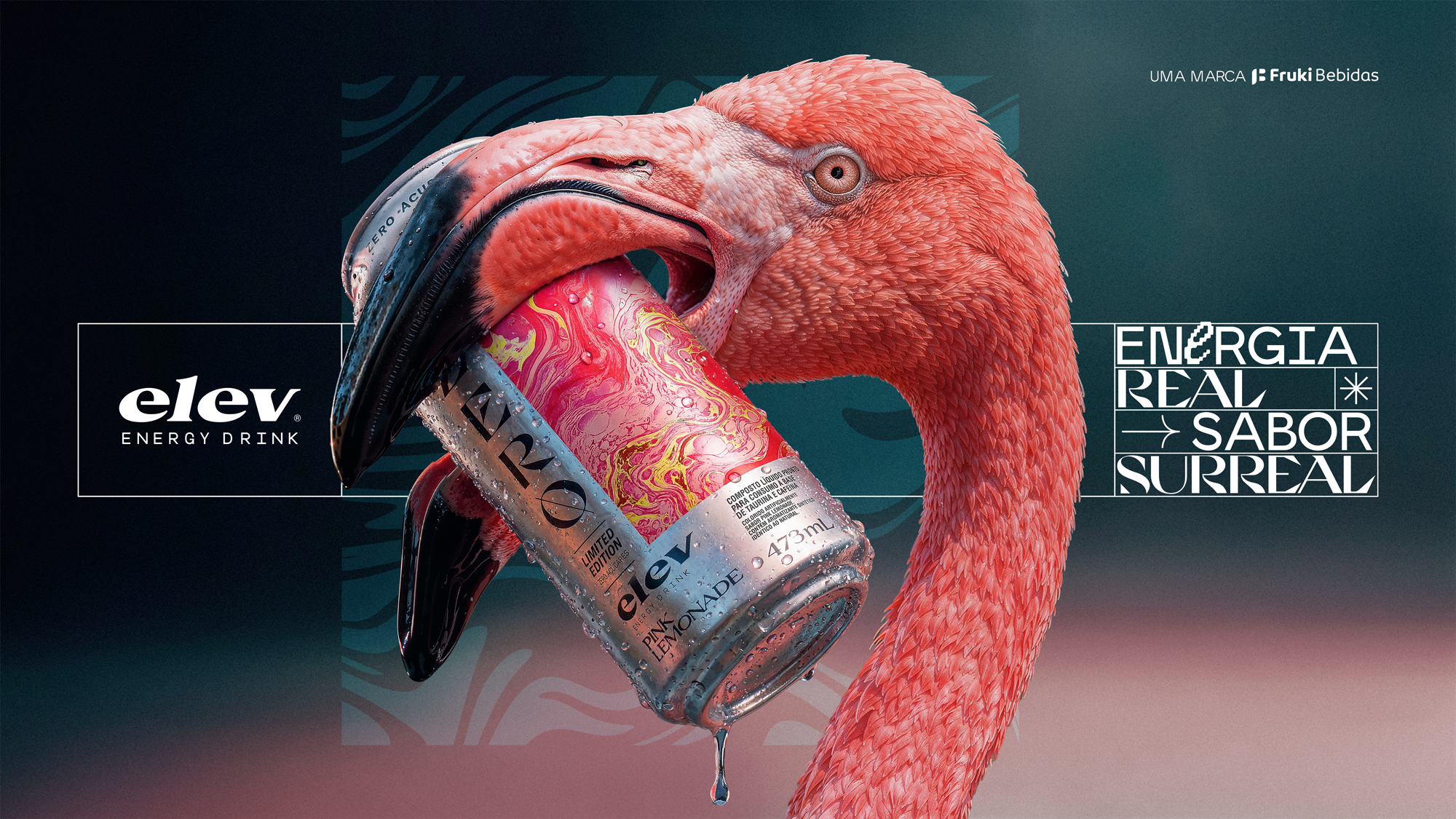 Anúncio Elev Energy Drink Zero Pink Lemonade edição limitada: flamingo-rosa segurando a lata do produto no bico, com gotas escorrendo