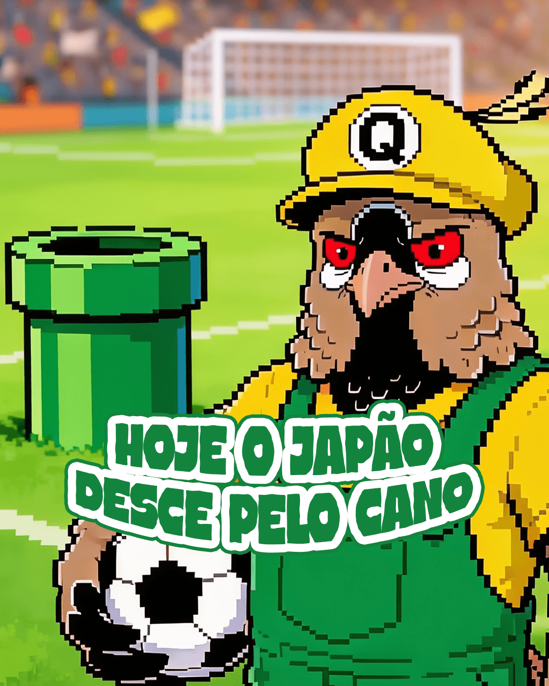 Ilustração em pixel art da mascote quero-quero da Fruki, com boné amarelo "Q", segurando uma bola de futebol ao lado de um cano verde estilo Mario, em campo de futebol, com o texto "Hoje o Japão desce pelo cano"