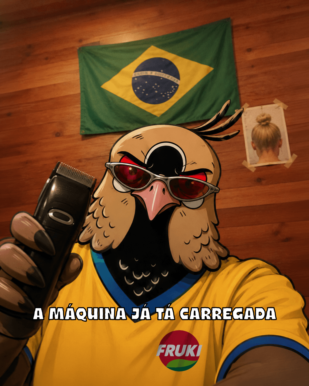 Ilustração da mascote quero-quero da Fruki, de óculos escuros, tirando selfie segurando uma máquina de cortar cabelo, com bandeira do Brasil ao fundo e camisa amarela com logo Fruki, texto "A máquina já tá carregada"
