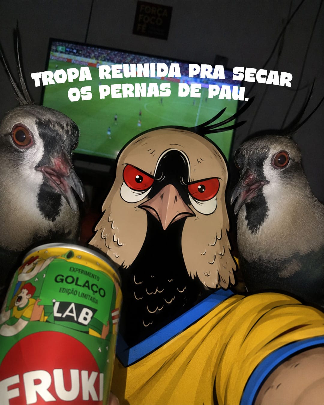 Selfie com a mascote ilustrada da Fruki entre dois pássaros quero-quero reais, TV com jogo de futebol ao fundo, segurando lata da edição limitada "Experimento Golaço" Fruki Lab, com o texto "Tropa reunida pra secar os pernas de pau"
