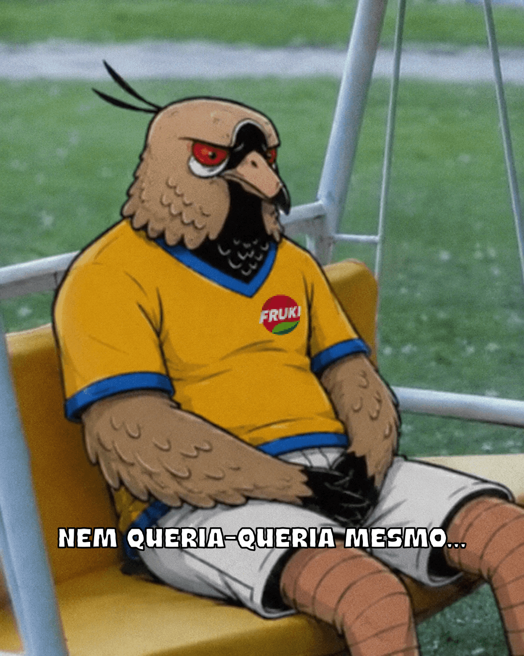 Ilustração da mascote quero-quero da Fruki sentada em um balanço à beira de campo de futebol, com expressão contrariada e camisa amarela com logo Fruki, texto "Nem queria-queria mesmo..." fazendo trocadilho com o nome do pássaro
